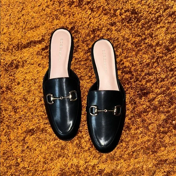 BCBGeneration Black Mules with Gold Buckles - Picture 1 of 6